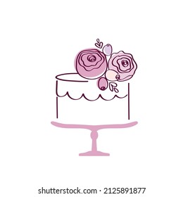 Torta dibujada a mano con flores adorables. Elementos para la boda, cumpleaños, día de San Valentín. Vector.