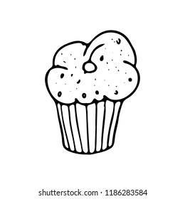 Hand drawn cake doodle icon. Hand drawn black sketch. Sign symbol. Decoration element. White background. Isolated. Flat design. Vector illustration.
