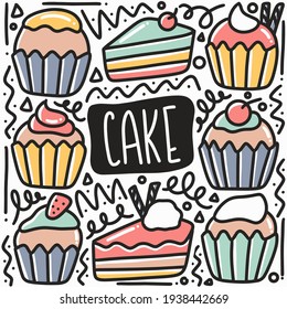 hand drawn cake doodle set with icons and design elements