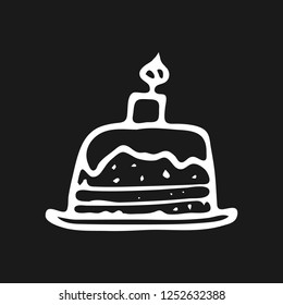 Hand drawn cake doodle. Sketch children's toy icon. Decoration element. Isolated on black background. Vector illustration.