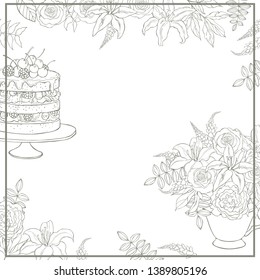 Hand drawn cake and flowers. Vector background. Sketch  illustration.