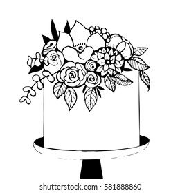 Hand drawn cake with flowers. Vector illustration.
