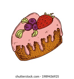 Hand drawn cake in heart shape with strawberry. Vector illustration. Valentines day design element