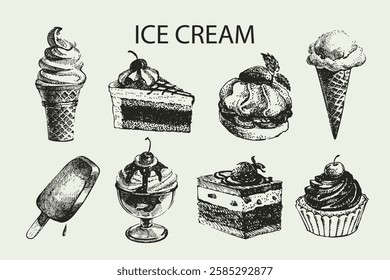 Hand drawn cake and ice cream set. Isolated sketch vector illustration