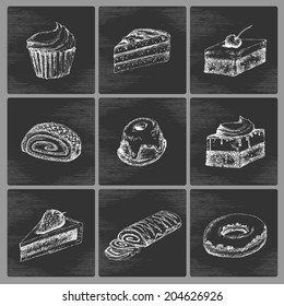 Hand drawn cake icon set in dark shades