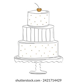 Hand Drawn Cake Illustration in Sketch or Draft Style with Cherry and Polkadots