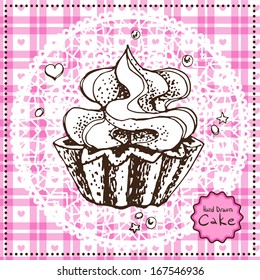 Hand drawn Cake on Pink Square. Vector illustration.
