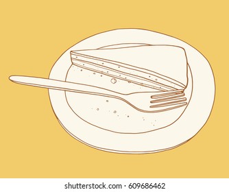 Hand drawn cake on the plate. Outline vector illustration on the white background