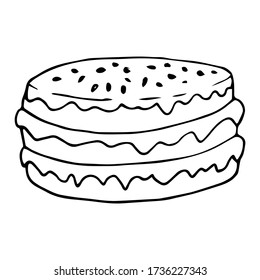 Hand drawn cake on a white isolated background. Doodle, simple outline illustration. It can be used for decoration of textile, paper and other surfaces.