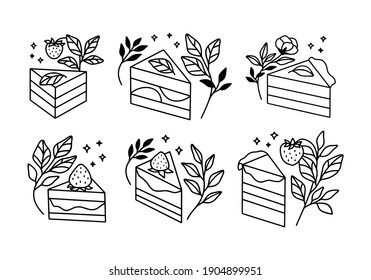 Hand drawn cake, pastry, and bakery logo elements in linear style and isolated white background. Flat vector illustrations for icon, symbol, decoration, product design, or brand identity