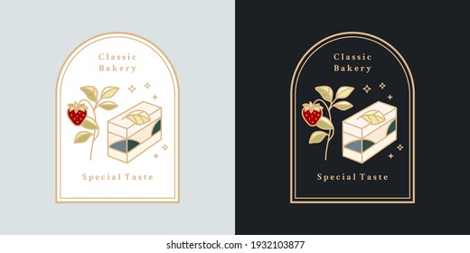 Hand drawn cake, pastry and bakery elements with strawberry and floral illustration for food logo, brand, sticker or product decoration