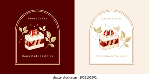 Hand drawn cake, pastry and bakery elements with strawberry and floral illustration for food logo, brand, sticker or product decoration