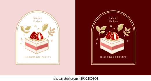 Hand drawn cake, pastry and bakery elements with strawberry and floral illustration for food logo, brand, sticker or product decoration