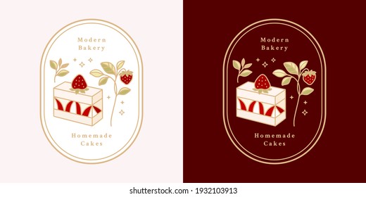 Hand drawn cake, pastry and bakery elements with strawberry and floral illustration for food logo, brand, sticker or product decoration