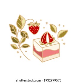 hand drawn cake, pastry and bakery elements with strawberry and floral illustration for food logo, label, brand, sticker or product decoration