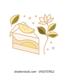 hand drawn cake, pastry and bakery elements with strawberry and floral illustration for food logo, label, brand, sticker or product decoration