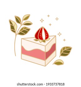hand drawn cake, pastry and bakery elements with strawberry and floral illustration for food logo, label, brand, sticker or product decoration