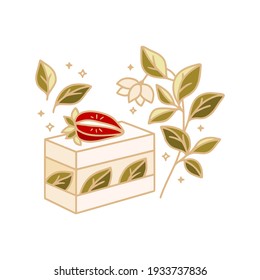 hand drawn cake, pastry and bakery elements with strawberry and floral illustration for food logo, label, brand, sticker or product decoration