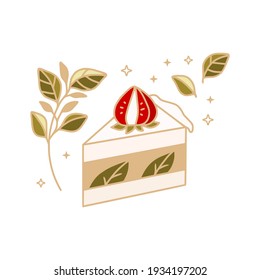 hand drawn cake, pastry and bakery elements with strawberry and floral illustration for food logo, label, brand, sticker or product decoration