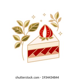 hand drawn cake, pastry and bakery elements with strawberry and floral illustration for food logo, label, brand, sticker or product decoration
