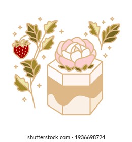 Hand drawn cake, pastry, bakery and cafe logo elements with peony flower, floral leaf and strawberry fruit isolated on white background