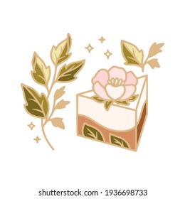 Hand drawn cake, pastry, bakery and cafe logo elements with peony flower, floral leaf and strawberry fruit isolated on white background