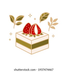 hand drawn cake, pastry and bakery elements with strawberry and floral illustration for food logo, label, brand, sticker or product decoration