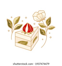 hand drawn cake, pastry and bakery elements with strawberry and floral illustration for food logo, label, brand, sticker or product decoration