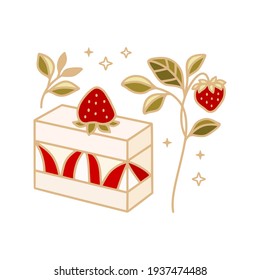 hand drawn cake, pastry and bakery elements with strawberry and floral illustration for food logo, label, brand, sticker or product decoration