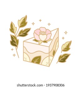 Pasteles dibujados a mano, pastelería, panadería y elementos del logo de cafe con flores de peonía, hojas de flores y frutos de fresa aislados en fondo blanco