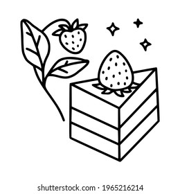 hand drawn cake, pastry and bakery elements with strawberry and floral illustrations for food logo, brand, sticker, children coloring page, book, or product decoration