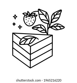 hand drawn cake, pastry and bakery elements with strawberry and floral illustrations for food logo, brand, sticker, children coloring page, book, or product decoration