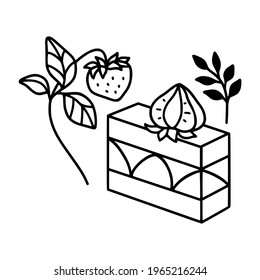 hand drawn cake, pastry and bakery elements with strawberry and floral illustrations for food logo, brand, sticker, children coloring page, book, or product decoration