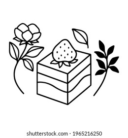 hand drawn cake, pastry and bakery elements with strawberry and floral illustrations for food logo, brand, sticker, children coloring page, book, or product decoration