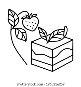 hand drawn cake, pastry and bakery elements with strawberry and floral illustrations for food logo, brand, sticker, children coloring page, book, or product decoration