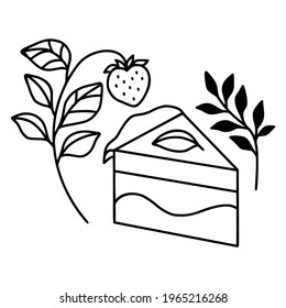 hand drawn cake, pastry and bakery elements with strawberry and floral illustrations for food logo, brand, sticker, children coloring page, book, or product decoration