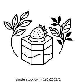 hand drawn cake, pastry and bakery elements with strawberry and floral illustrations for food logo, brand, sticker, children coloring page, book, or product decoration