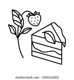 hand drawn cake, pastry and bakery elements with strawberry and floral illustrations for food logo, brand, sticker, children coloring page, book, or product decoration