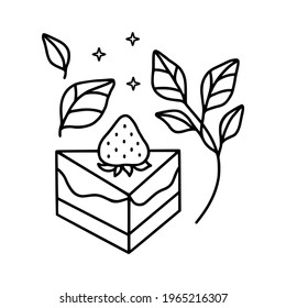 hand drawn cake, pastry and bakery elements with strawberry and floral illustrations for food logo, brand, sticker, children coloring page, book, or product decoration