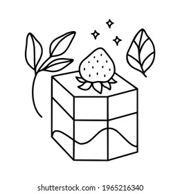 hand drawn cake, pastry and bakery elements with strawberry and floral illustrations for food logo, brand, sticker, children coloring page, book, or product decoration
