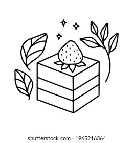 hand drawn cake, pastry and bakery elements with strawberry and floral illustrations for food logo, brand, sticker, children coloring page, book, or product decoration