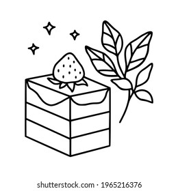 hand drawn cake, pastry and bakery elements with strawberry and floral illustrations for food logo, brand, sticker, children coloring page, book, or product decoration