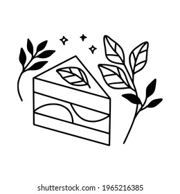 hand drawn cake, pastry and bakery elements with strawberry and floral illustrations for food logo, brand, sticker, children coloring page, book, or product decoration