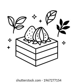 hand drawn cake, pastry and bakery elements with strawberry and floral illustrations for food logo, brand, sticker, children coloring page, book, or product decoration