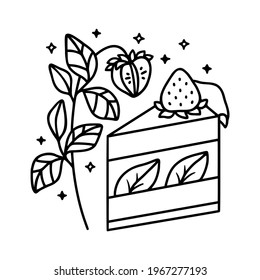 hand drawn cake, pastry and bakery elements with strawberry and floral illustrations for food logo, brand, sticker, children coloring page, book, or product decoration