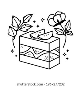 hand drawn cake, pastry and bakery elements with strawberry and floral illustrations for food logo, brand, sticker, children coloring page, book, or product decoration