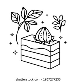 hand drawn cake, pastry and bakery elements with strawberry and floral illustrations for food logo, brand, sticker, children coloring page, book, or product decoration