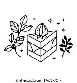 hand drawn cake, pastry and bakery elements with strawberry and floral illustrations for food logo, brand, sticker, children coloring page, book, or product decoration