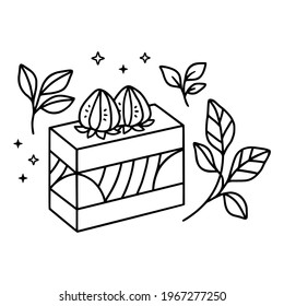 hand drawn cake, pastry and bakery elements with strawberry and floral illustrations for food logo, brand, sticker, children coloring page, book, or product decoration
