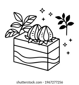 hand drawn cake, pastry and bakery elements with strawberry and floral illustrations for food logo, brand, sticker, children coloring page, book, or product decoration